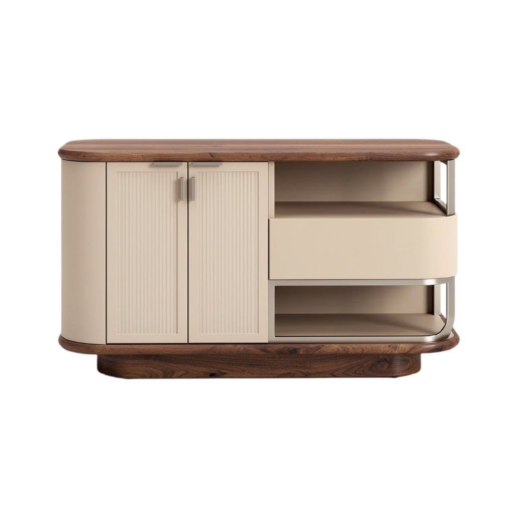 **Meuble TV design contemporain avec façade en bois et éléments en métal**